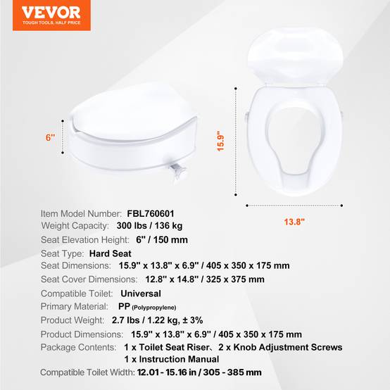 Vevor - Rehausseur de toilette universel 150 mm, siège rigide en PP, capacité 136 kg, double verrouillage à vis, installation rapide. - Image 6