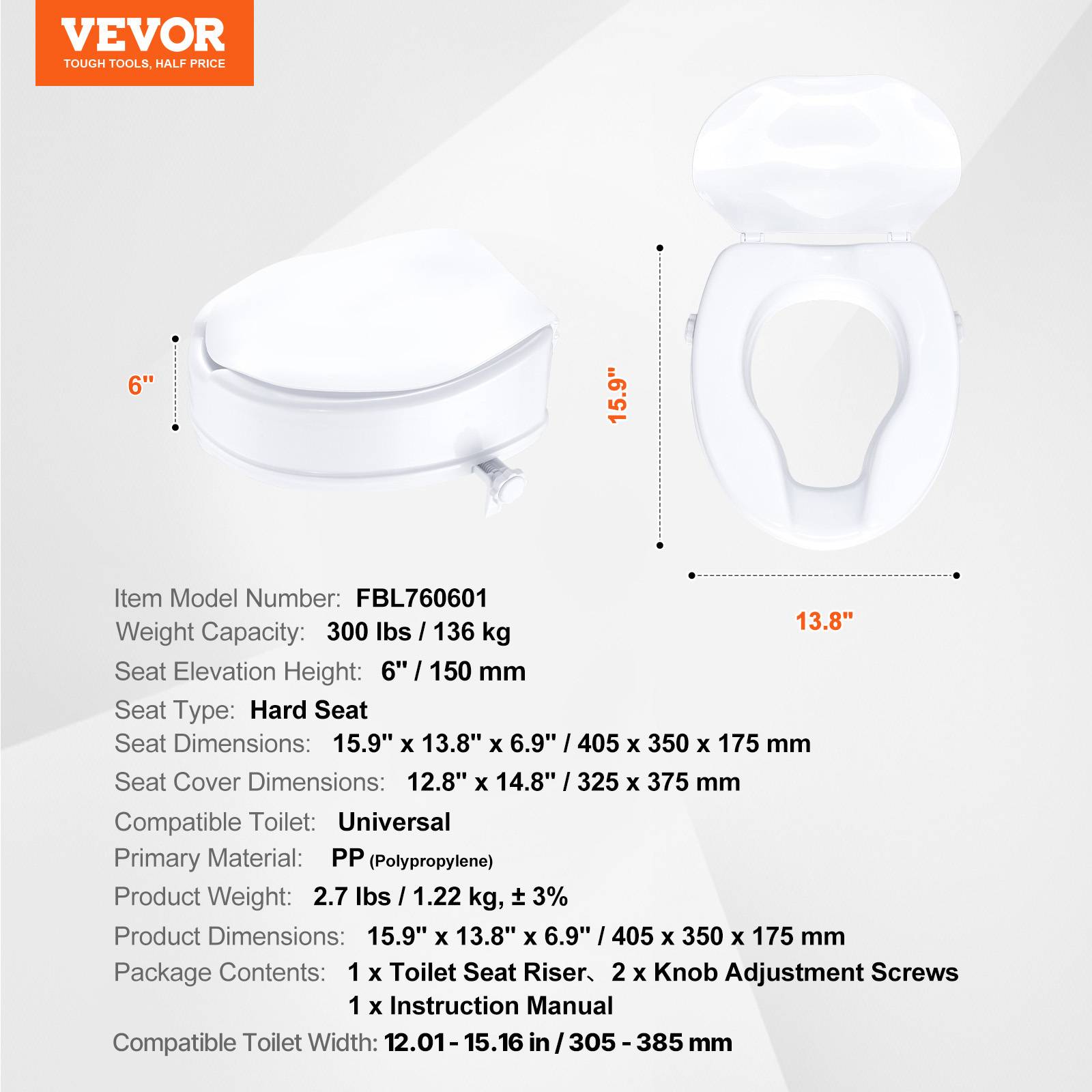 Vevor - Rehausseur de toilette universel 150 mm, siège rigide en PP, capacité 136 kg, double verrouillage à vis, installation rapide. - Image 6