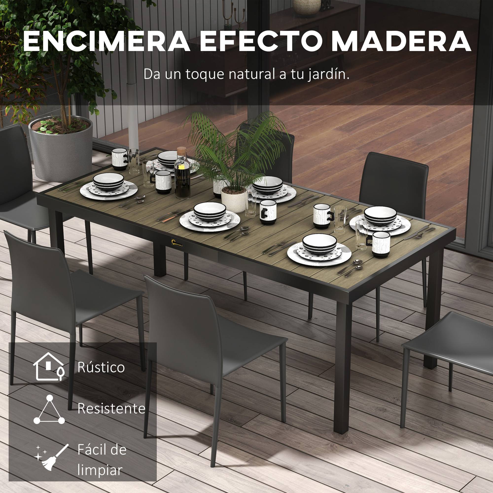 Table de jardin 190 x 90 x 74 cm avec plateau à lattes et structure en aluminium, style rustique et noir, idéale pour terrasse. - Image 6