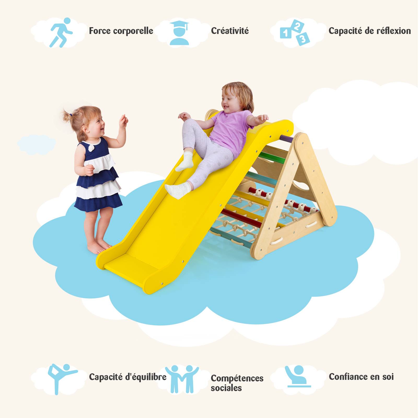 COSTWAY 2 en 1 Triangle d'escalade Montessori Enfant avec Toboggan, Echelle d’Escalade en Bois avec Hauteur Réglable, Charge 50kg pour Enfants - Image 5