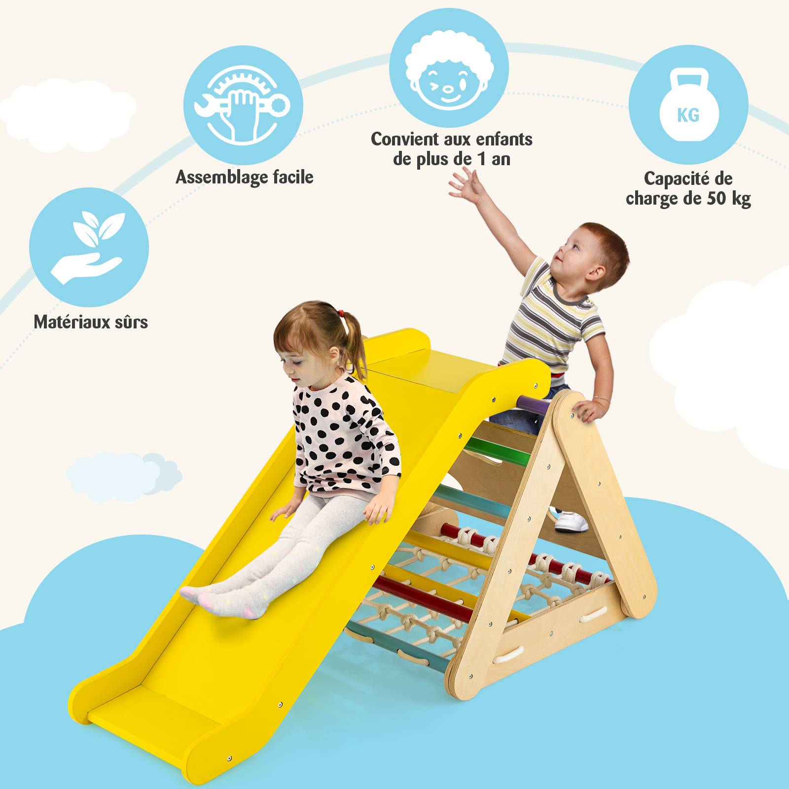 COSTWAY 2 en 1 Triangle d'escalade Montessori Enfant avec Toboggan, Echelle d’Escalade en Bois avec Hauteur Réglable, Charge 50kg pour Enfants - Image 1
