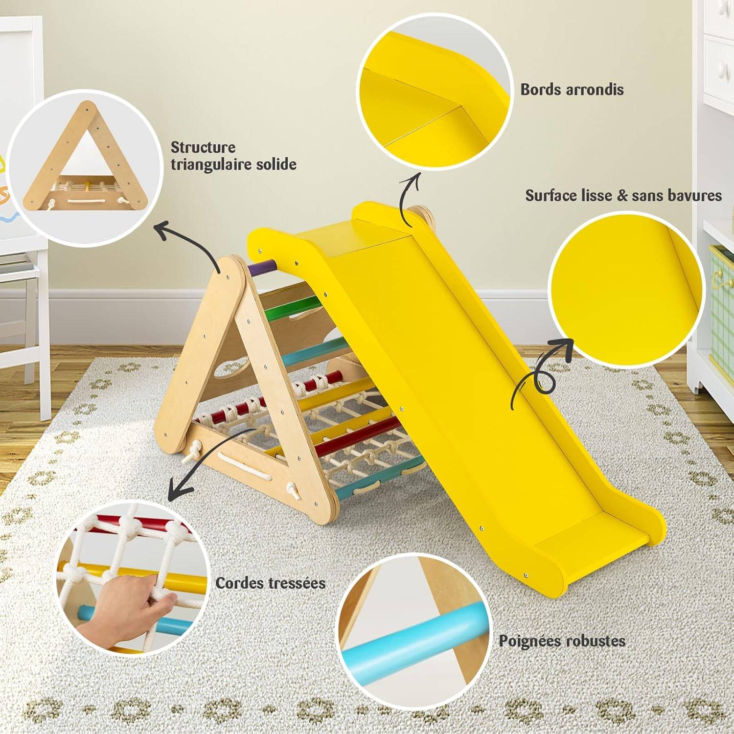 COSTWAY 2 en 1 Triangle d'escalade Montessori Enfant avec Toboggan, Echelle d’Escalade en Bois avec Hauteur Réglable, Charge 50kg pour Enfants - Image 4