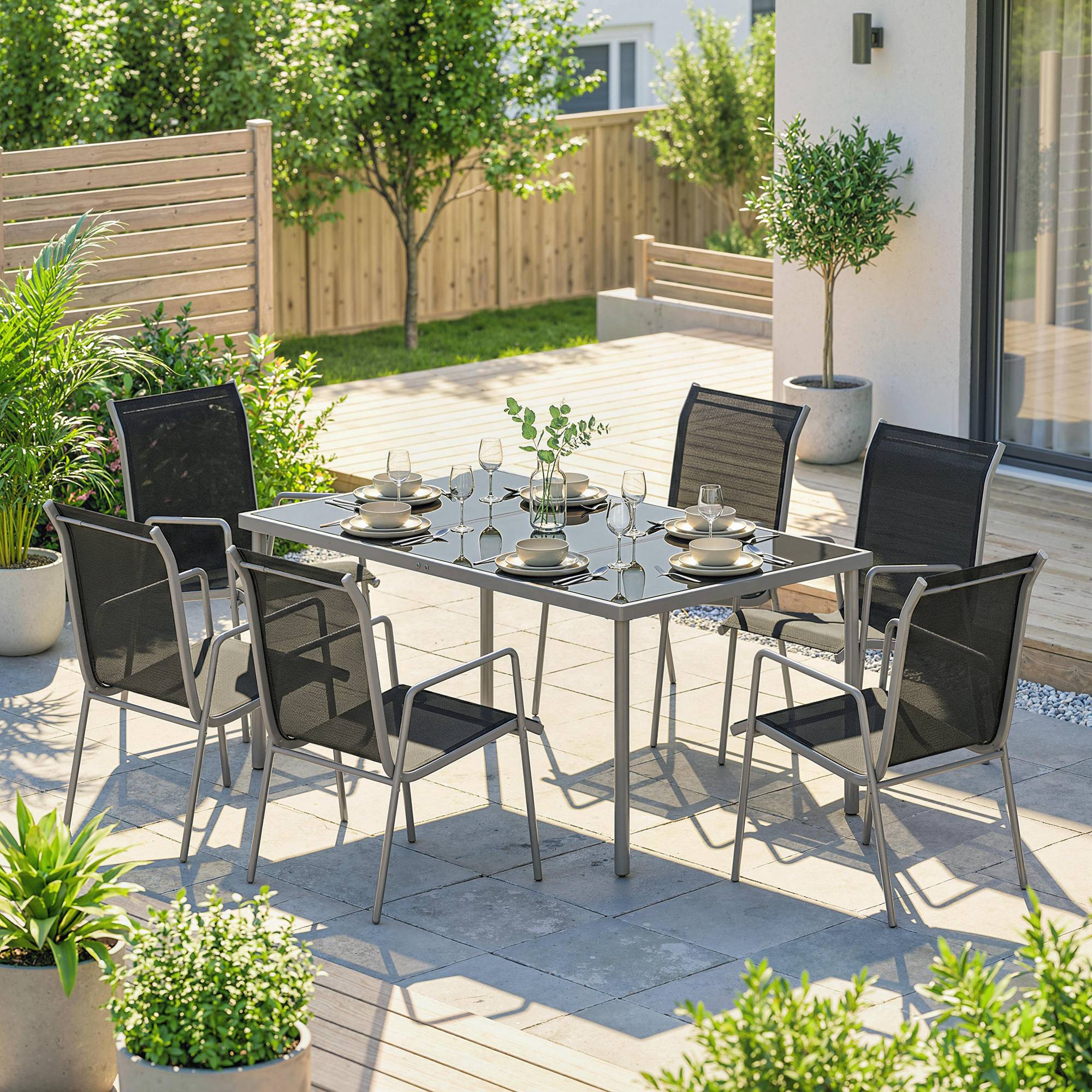 Salon de jardin métal et verre argent 150 x 90 x 72 cm - PANGIVO - Image 10