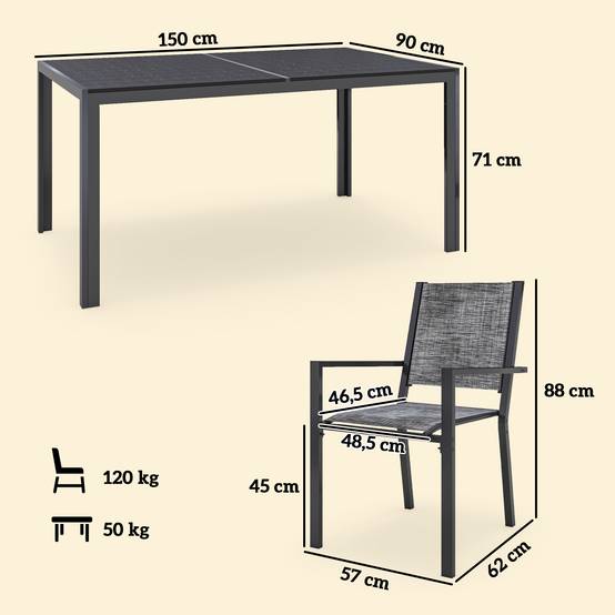 Table de jardin avec 6 chaises acier et composite noir 150 x 90 x 71 cm - PANGIVO - Image 5