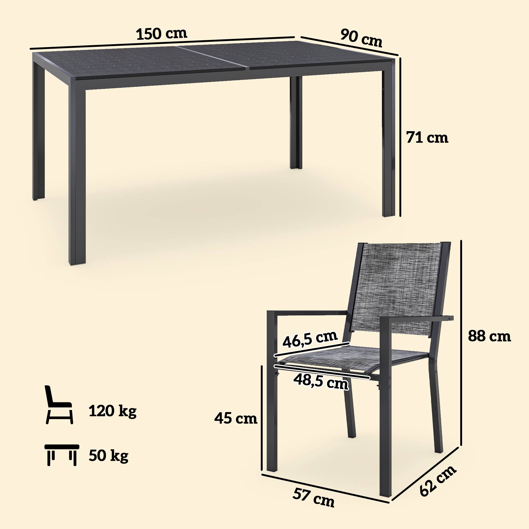 Table de jardin avec 6 chaises acier et composite noir 150 x 90 x 71 cm - PANGIVO - Image 5