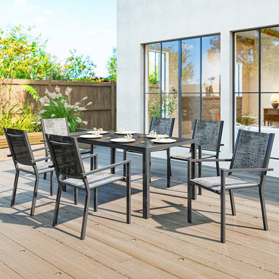 Table de jardin avec 6 chaises acier et composite noir 150 x 90 x 71 cm - PANGIVO - Image 3