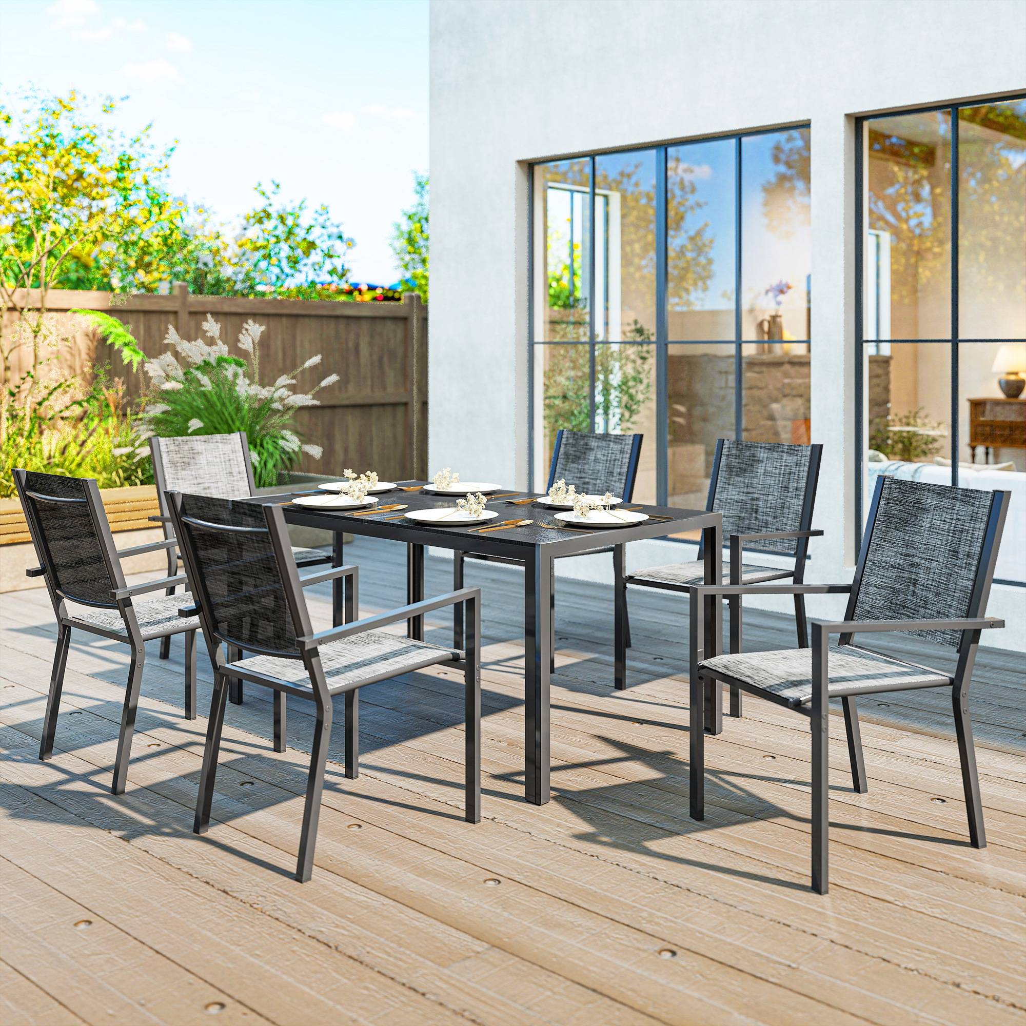 Table de jardin avec 6 chaises acier et composite noir 150 x 90 x 71 cm - PANGIVO - Image 3