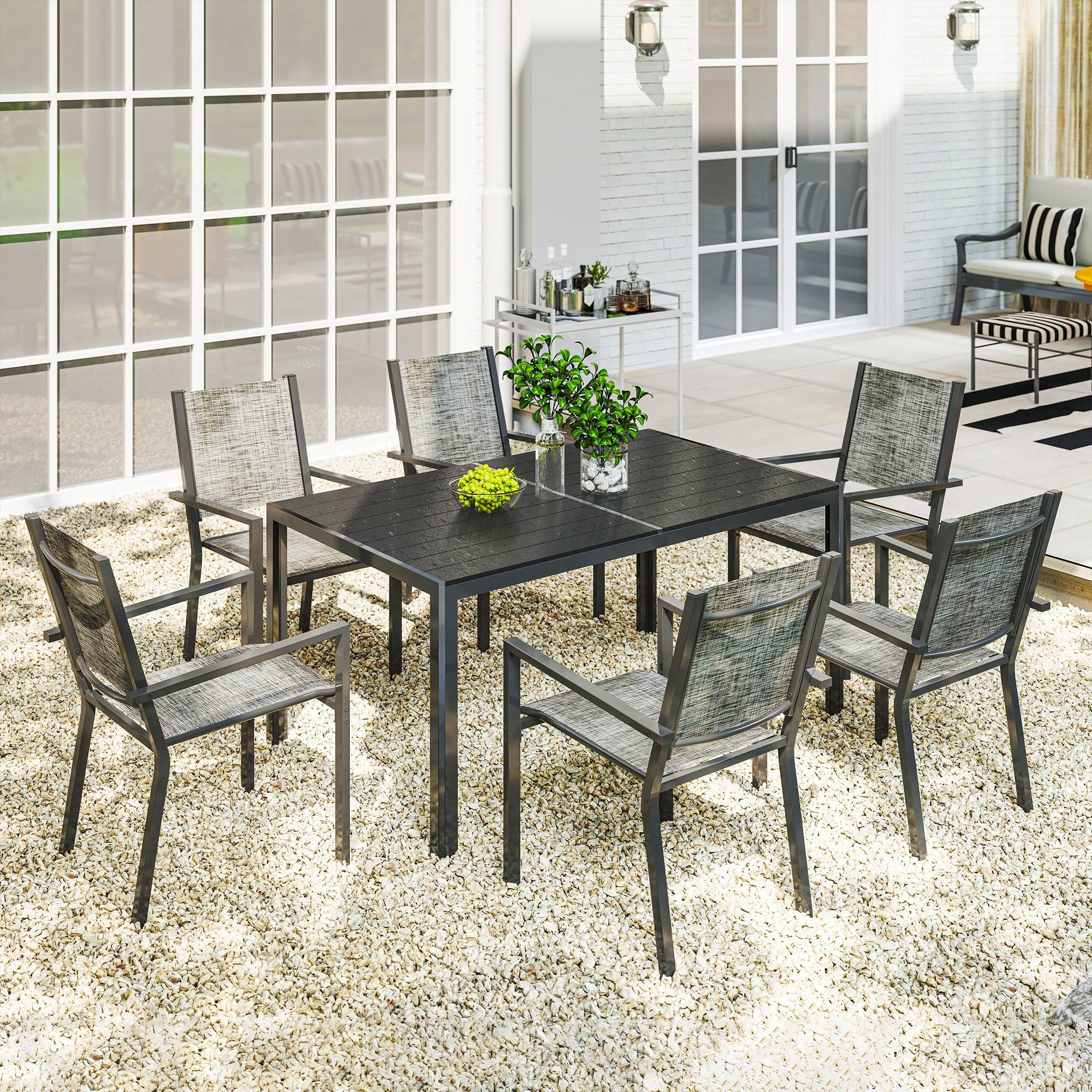 Table de jardin avec 6 chaises acier et composite noir 150 x 90 x 71 cm - PANGIVO - Image 4