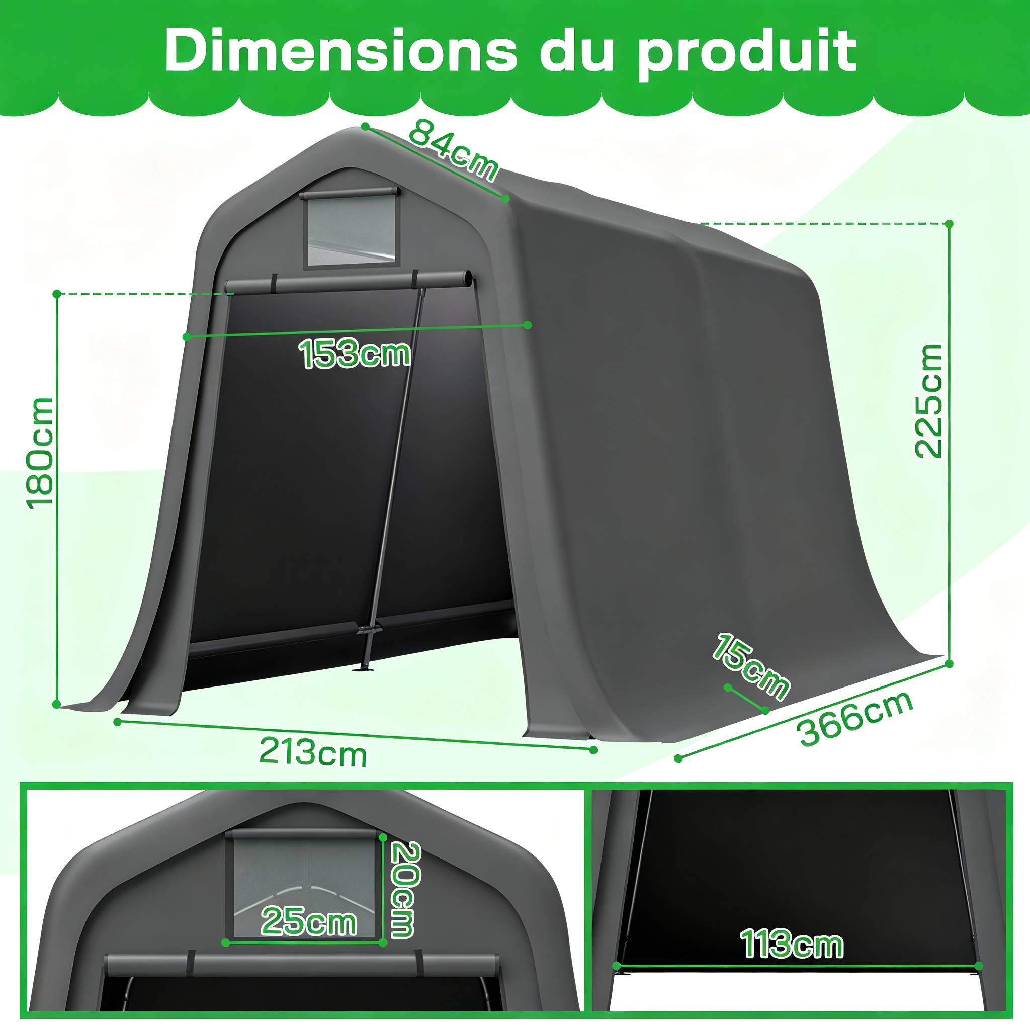 Carport toit en pointe 366×213×225 cm, bâche étanche anti-UV, acier galvanisé gris - Image 2