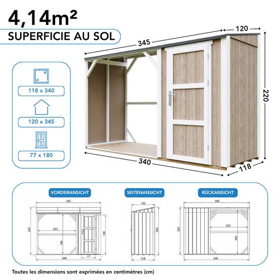 Timbela - Abri à bûches avec remise - 4,14 m² - 345x120xH220 cm - Abri pour bois de chauffage avec rangement - 10 mm d’épaisseur - M985-TERRA BROWN - Timbela - Image 8