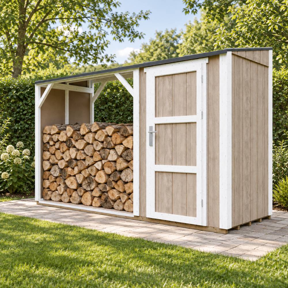Timbela - Abri à bûches avec remise - 4,14 m² - 345x120xH220 cm - Abri pour bois de chauffage avec rangement - 10 mm d’épaisseur - M985-TERRA BROWN - Timbela - Image 1