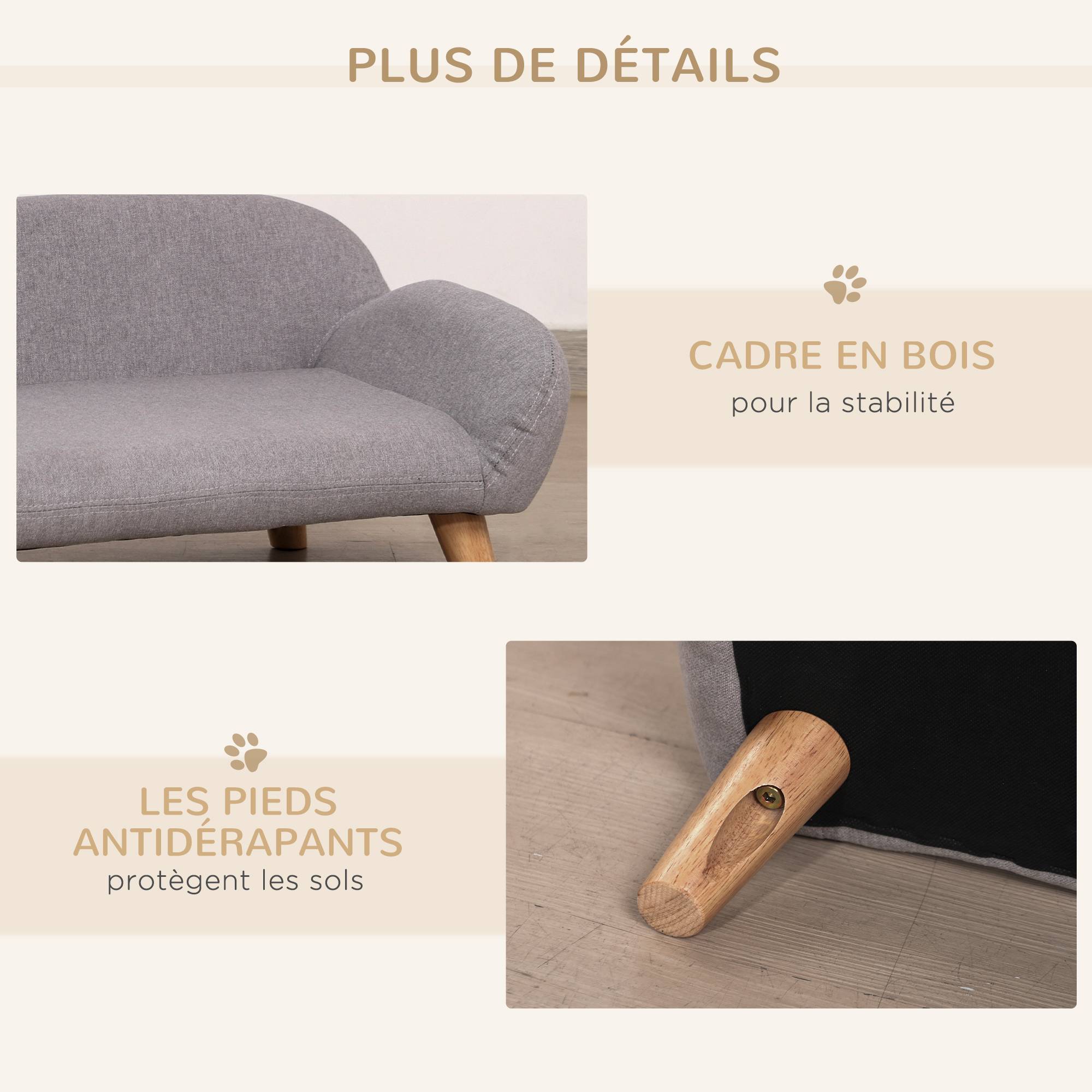 Sans Marque - Canapé pour chien canapé pour animal de compagnie style scandinave pieds effilés en bois revêtement tissu 72 x 44 x 31 cm - gris - Image 9