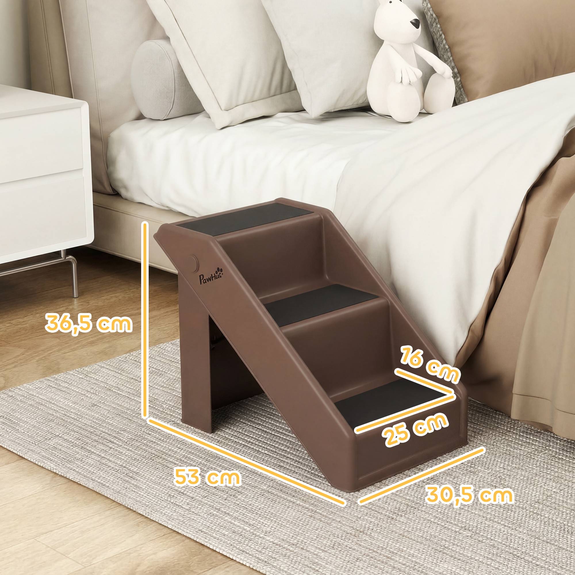 Escalier chien 3 marches 36,5 cm haut, petits chiens, pliable, lit, canapé, voiture, marron - Image 5