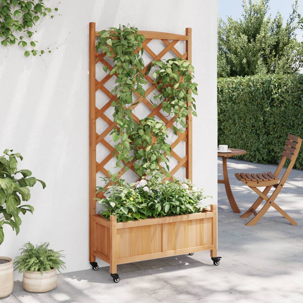 Maison Chic - Jardinière avec treillis - Pot De Fleurs et roues marron bois massif de sapin - Image 3