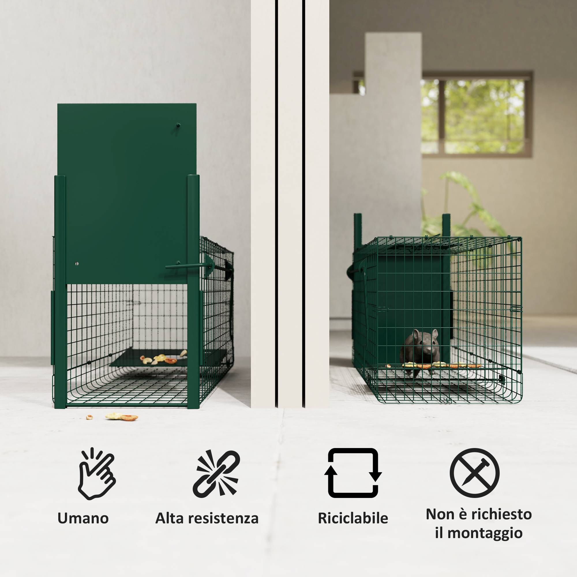 Cage piège pour petits animaux avec une porte et poignée, 80x25x30 cm, vert foncé - Image 7