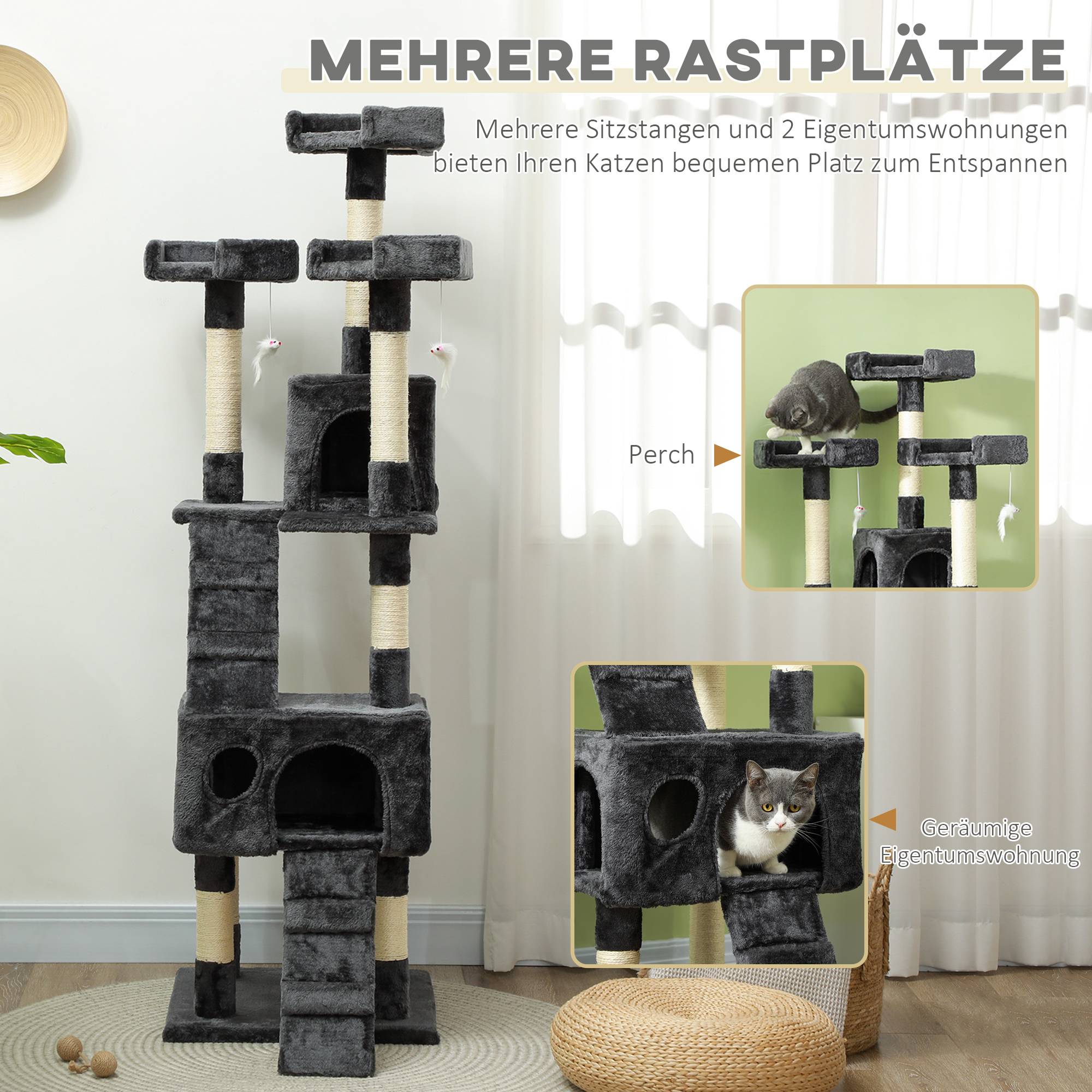 Arbre à Chat XXL Griffoir Sisal Multi-niveaux avec Nichoirs Échelles 173cm Gris - ComfortXL Pet Living - Image 6