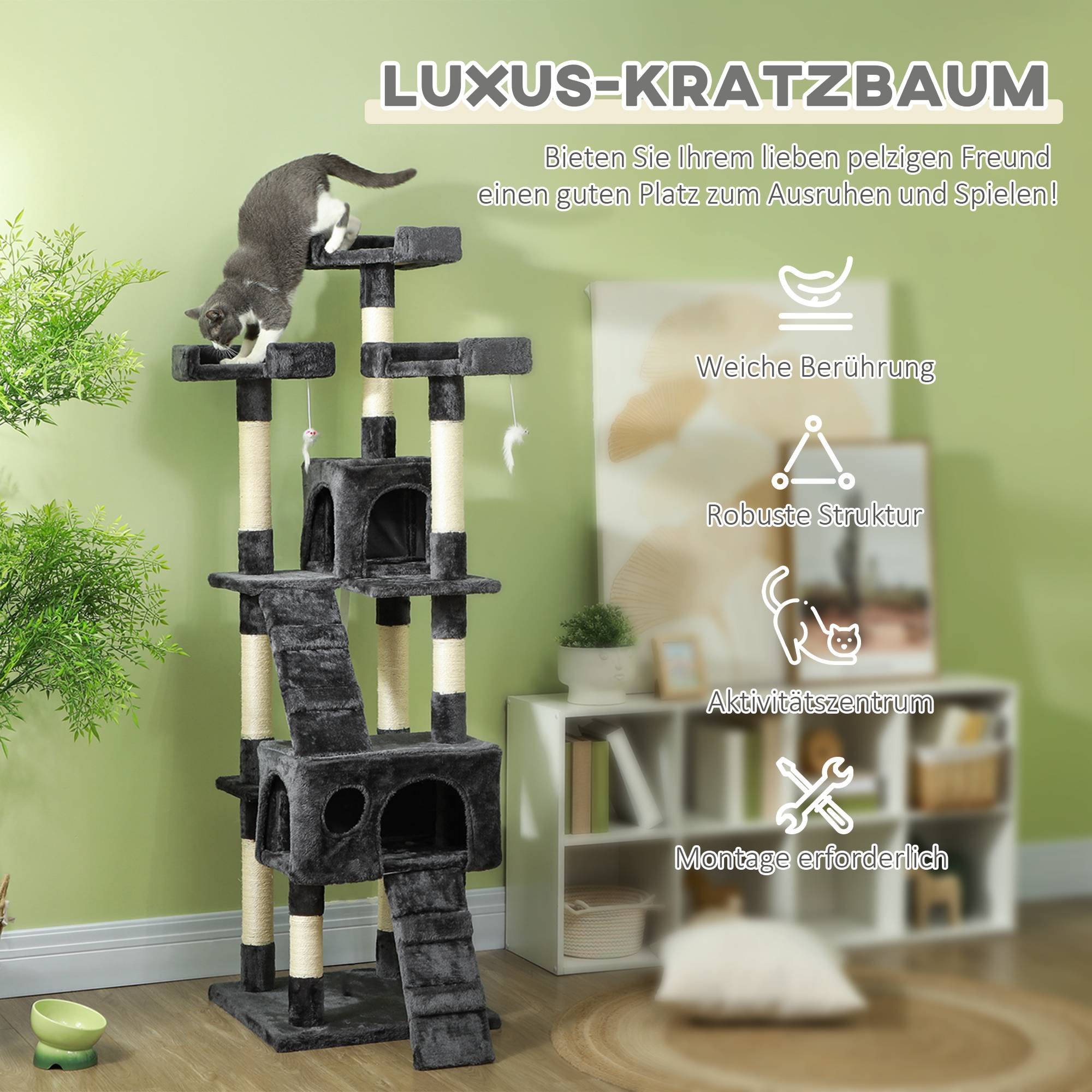 Arbre à Chat XXL Griffoir Sisal Multi-niveaux avec Nichoirs Échelles 173cm Gris - ComfortXL Pet Living - Image 4