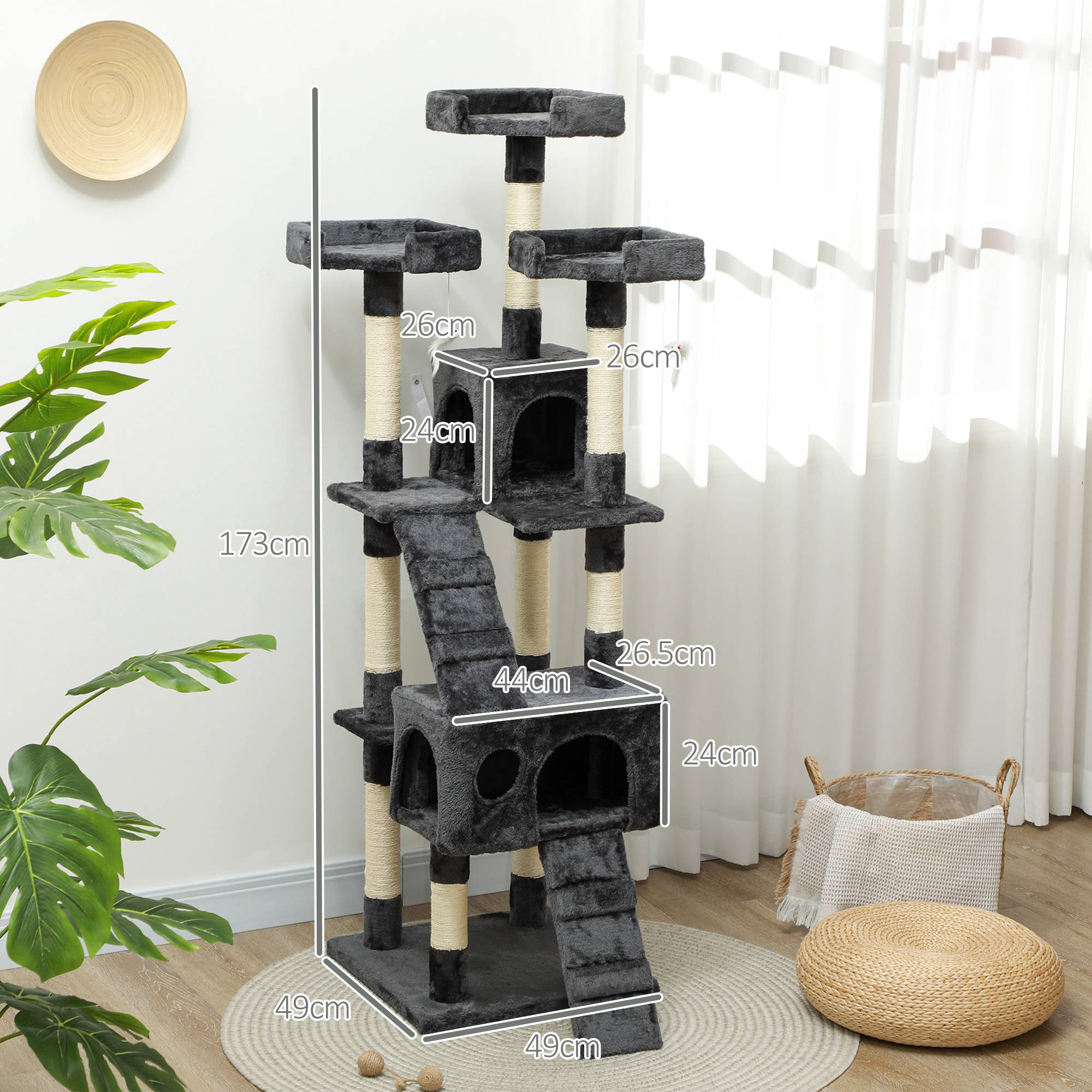 Arbre à Chat XXL Griffoir Sisal Multi-niveaux avec Nichoirs Échelles 173cm Gris - ComfortXL Pet Living - Image 3