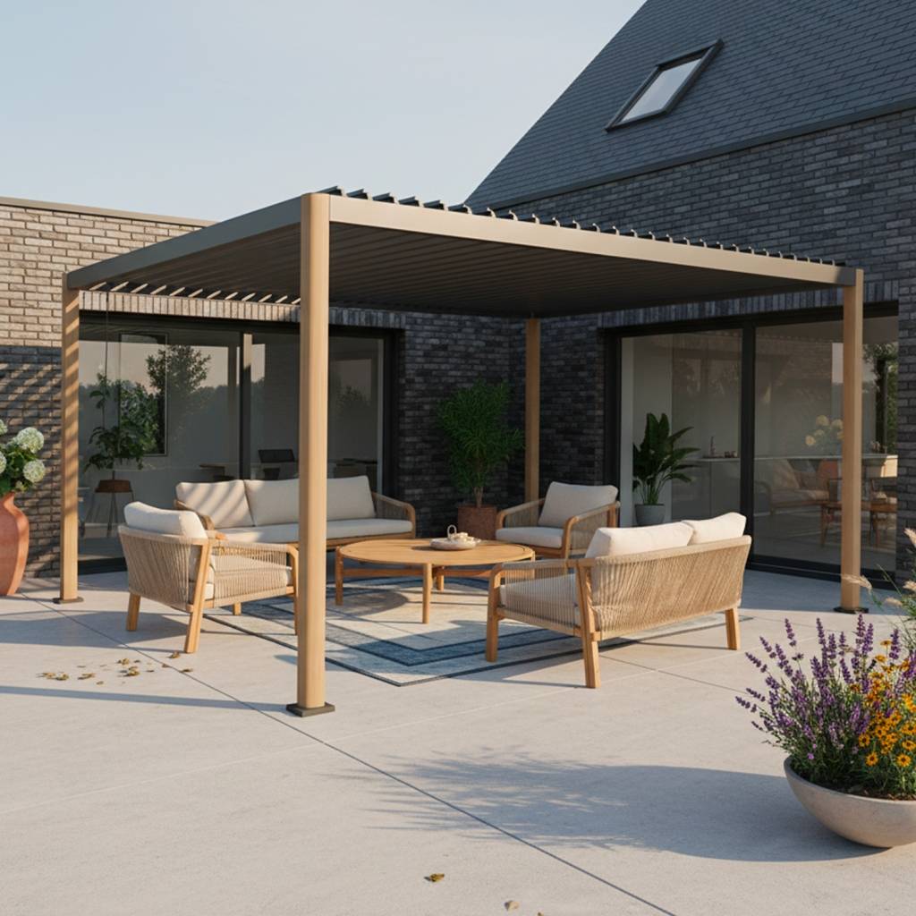 Pergola bioclimatique effet bois aluminium et acier lames orientables 4x3m - Imperial | sweeek - Image 1