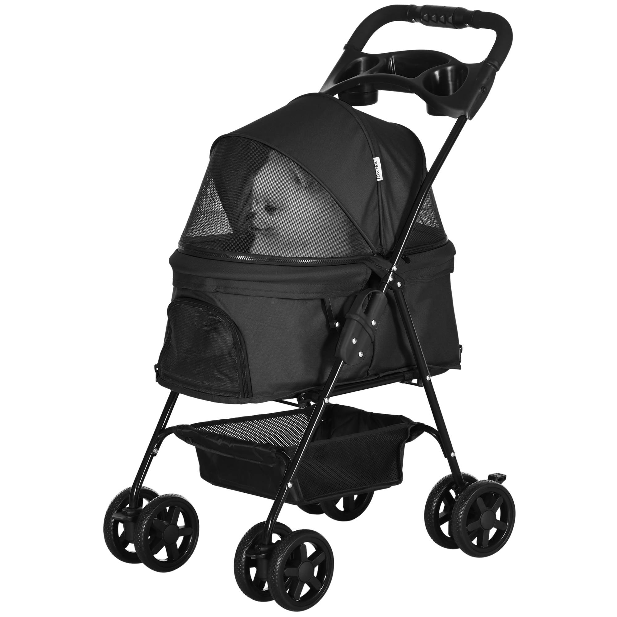 Poussette pliable pour chien avec roues universelles, panier de rangement, fenêtres en filet et plateau, 67 x 45 x 96 cm, noire - Image 2