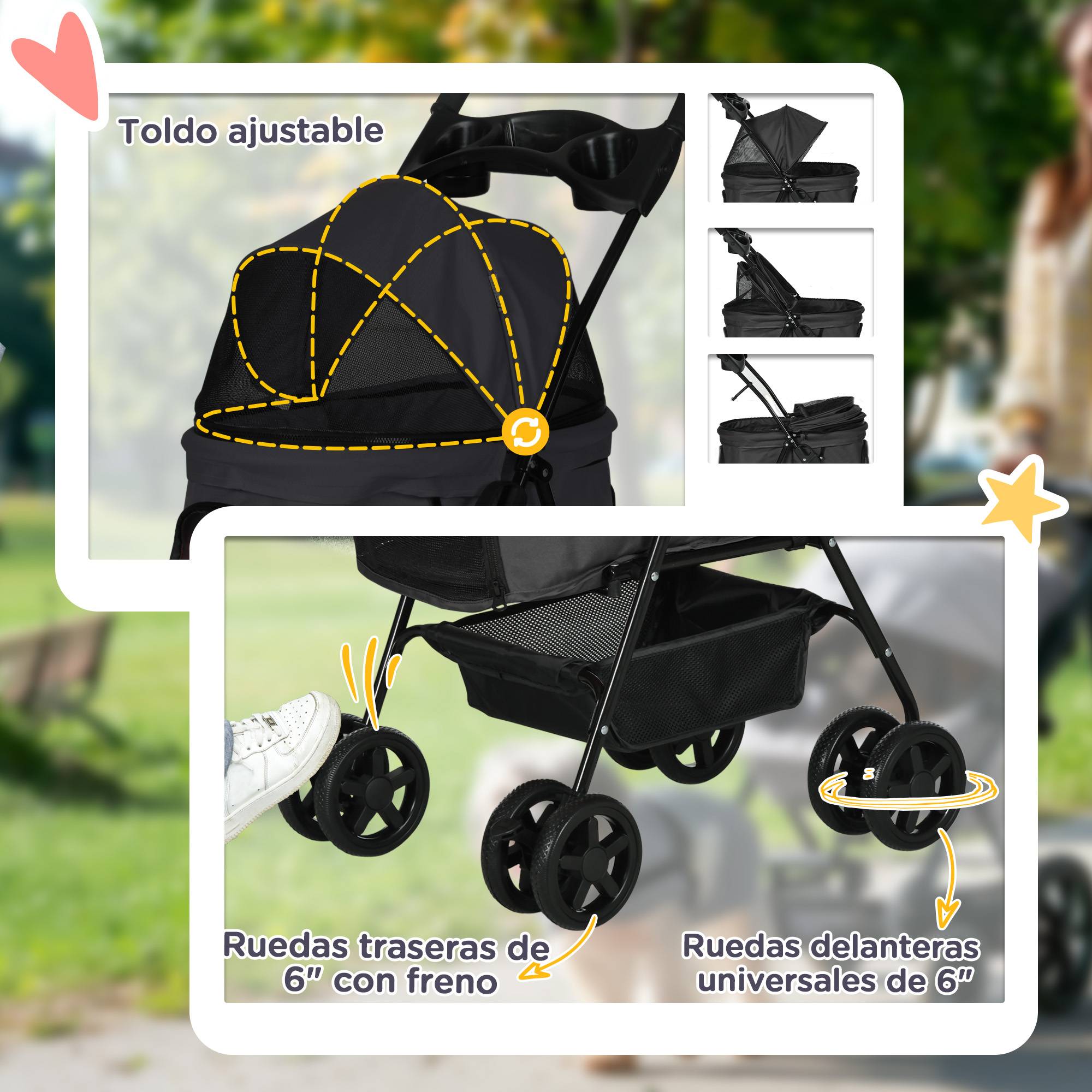 Poussette pliable pour chien avec roues universelles, panier de rangement, fenêtres en filet et plateau, 67 x 45 x 96 cm, noire - Image 8