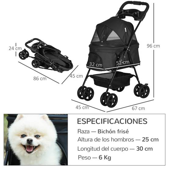 Poussette pliable pour chien avec roues universelles, panier de rangement, fenêtres en filet et plateau, 67 x 45 x 96 cm, noire - Image 5