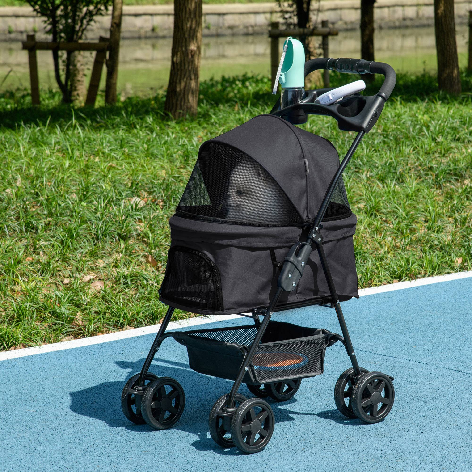 Poussette pliable pour chien avec roues universelles, panier de rangement, fenêtres en filet et plateau, 67 x 45 x 96 cm, noire - Image 3