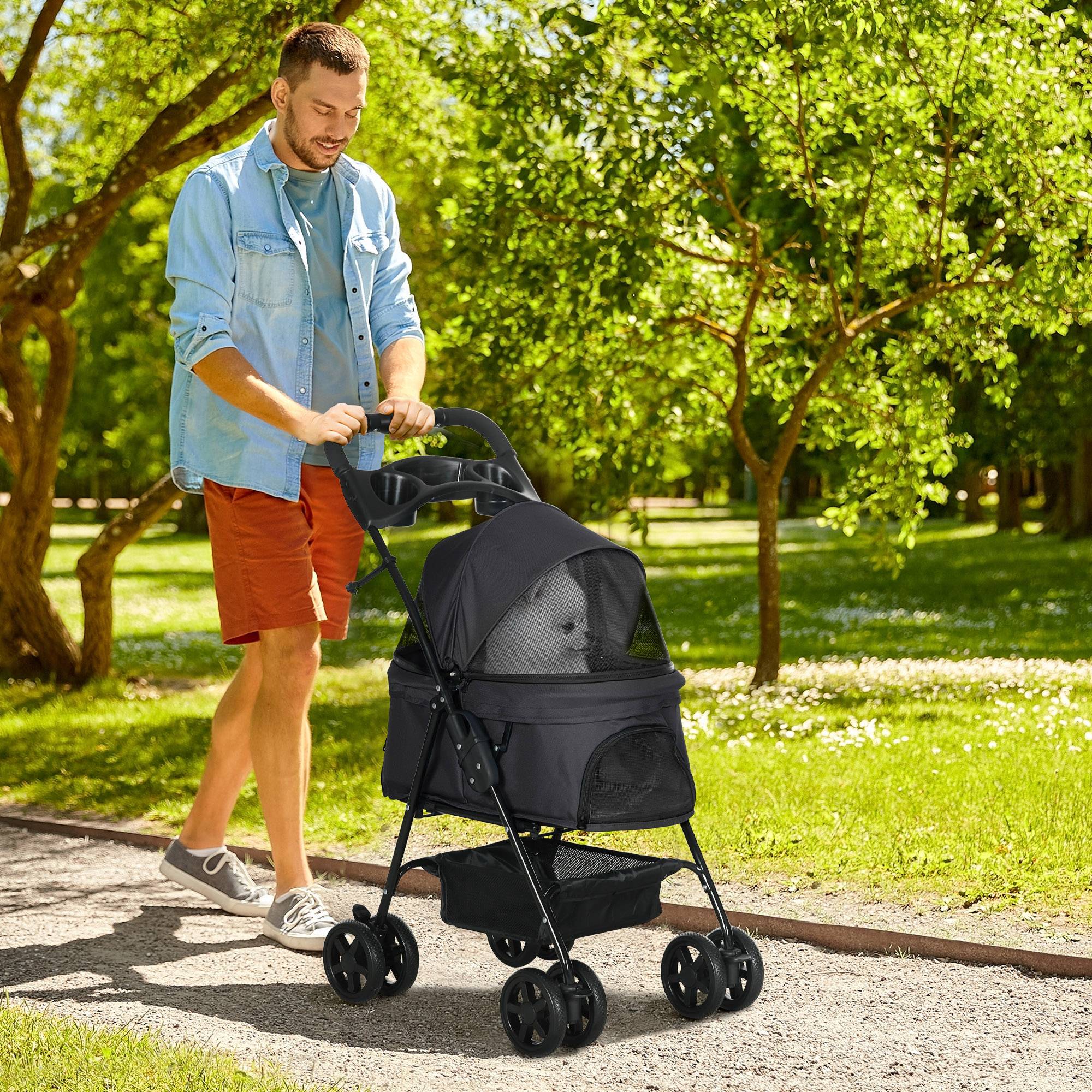 Poussette pliable pour chien avec roues universelles, panier de rangement, fenêtres en filet et plateau, 67 x 45 x 96 cm, noire - Image 4