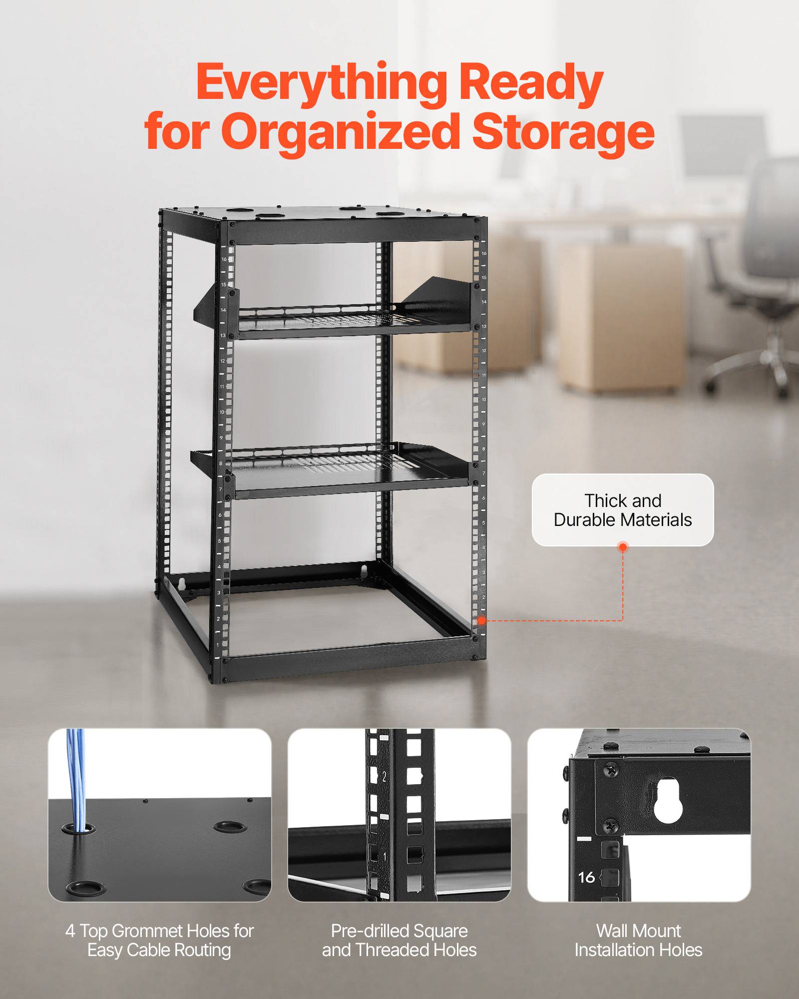 Vevor - VEVOR Rack serveur 16U cadre ouvert, profondeur 585 mm, acier Q235, étagères ventilées et kit de montage inclus. - Image 7