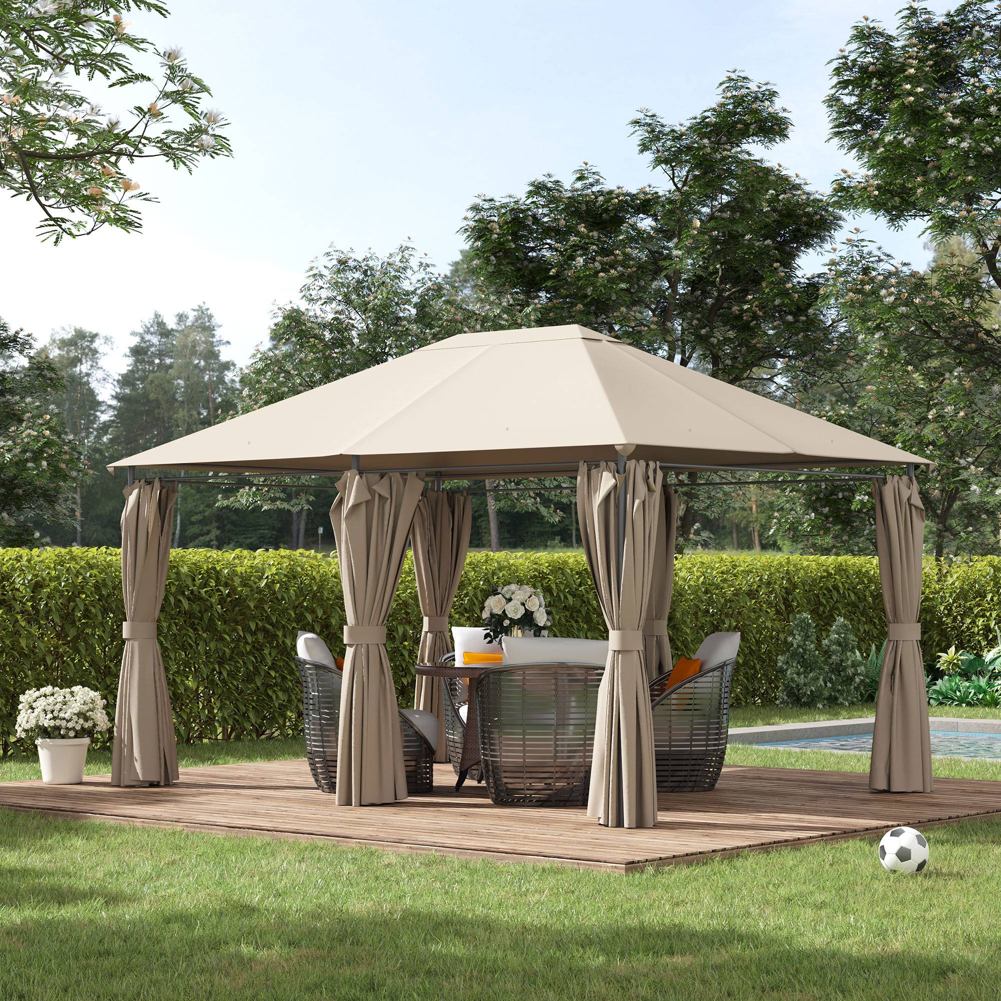 Tonnelle Métal Jardin Grande Surface Rideaux Amovibles 4x3m Beige - ComfortXL Outdoor Living - Image 4