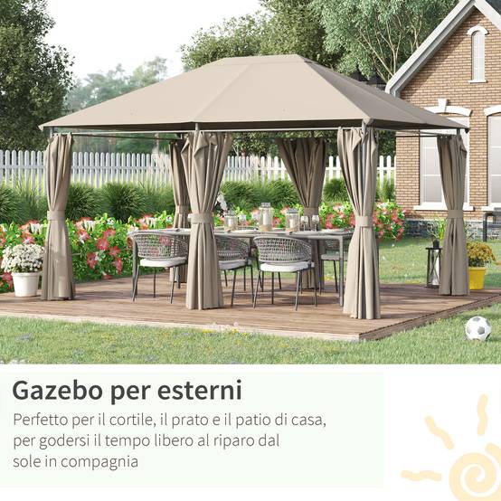 Tonnelle Métal Jardin Grande Surface Rideaux Amovibles 4x3m Beige - ComfortXL Outdoor Living - Image 8