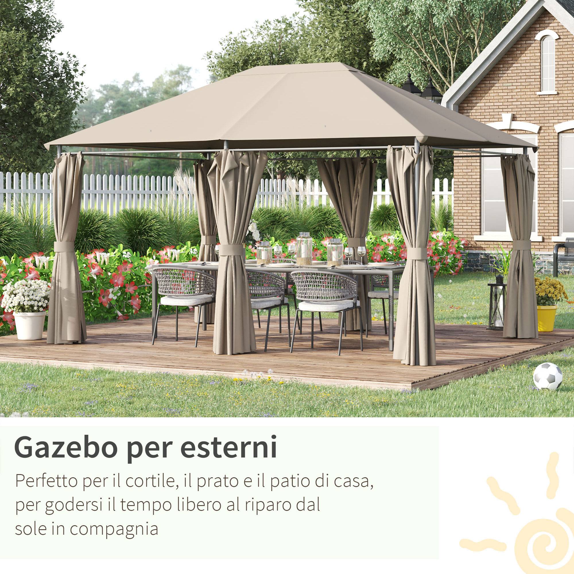 Tonnelle Métal Jardin Grande Surface Rideaux Amovibles 4x3m Beige - ComfortXL Outdoor Living - Image 8