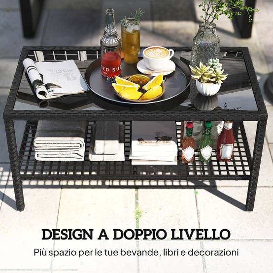 ComfortXL - Table Basse de Jardin 2 Niveaux Résine Tressée Terrasse Plateau Verre 92cm Noir - ComfortXL Outdoor Living - Image 6