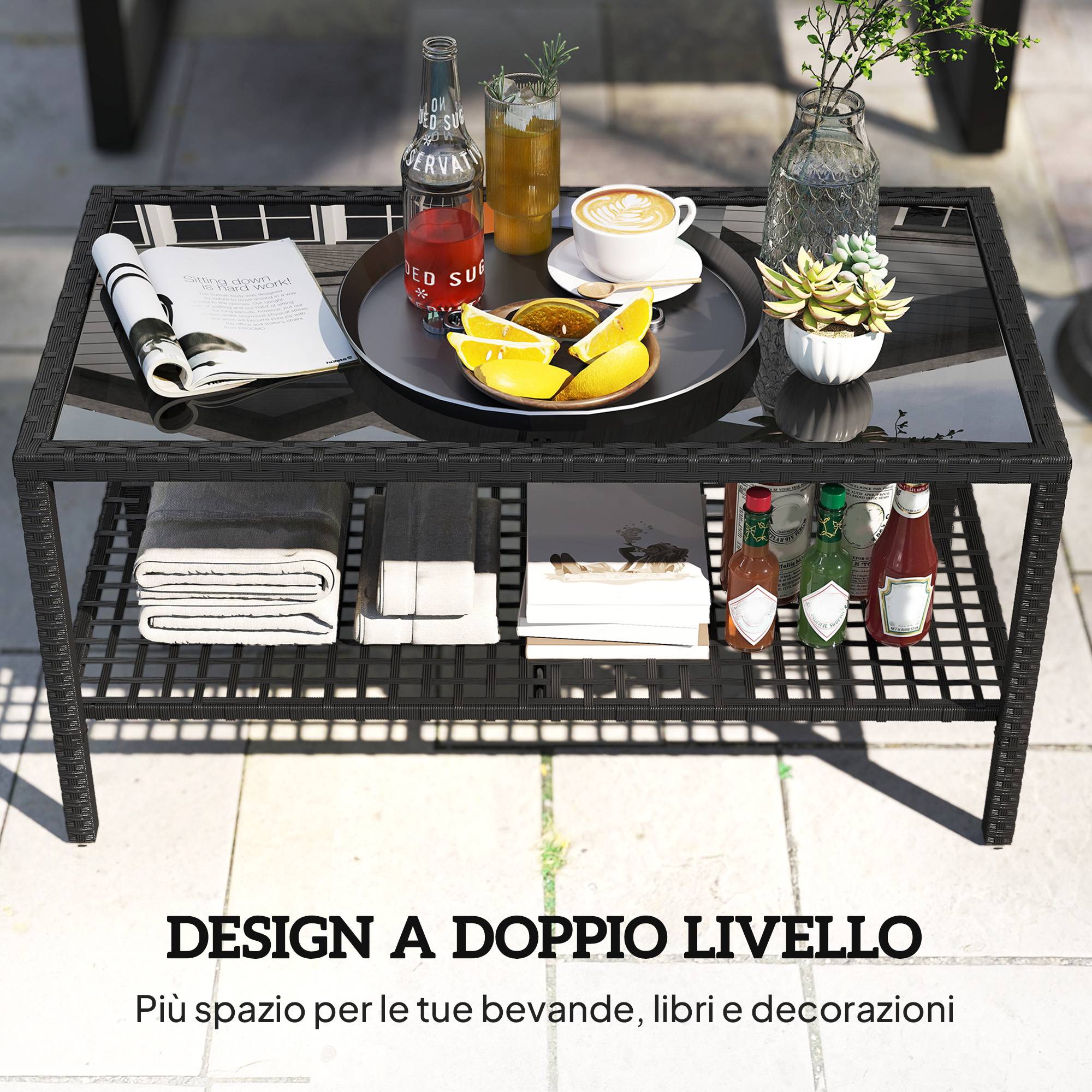 ComfortXL - Table Basse de Jardin 2 Niveaux Résine Tressée Terrasse Plateau Verre 92cm Noir - ComfortXL Outdoor Living - Image 6