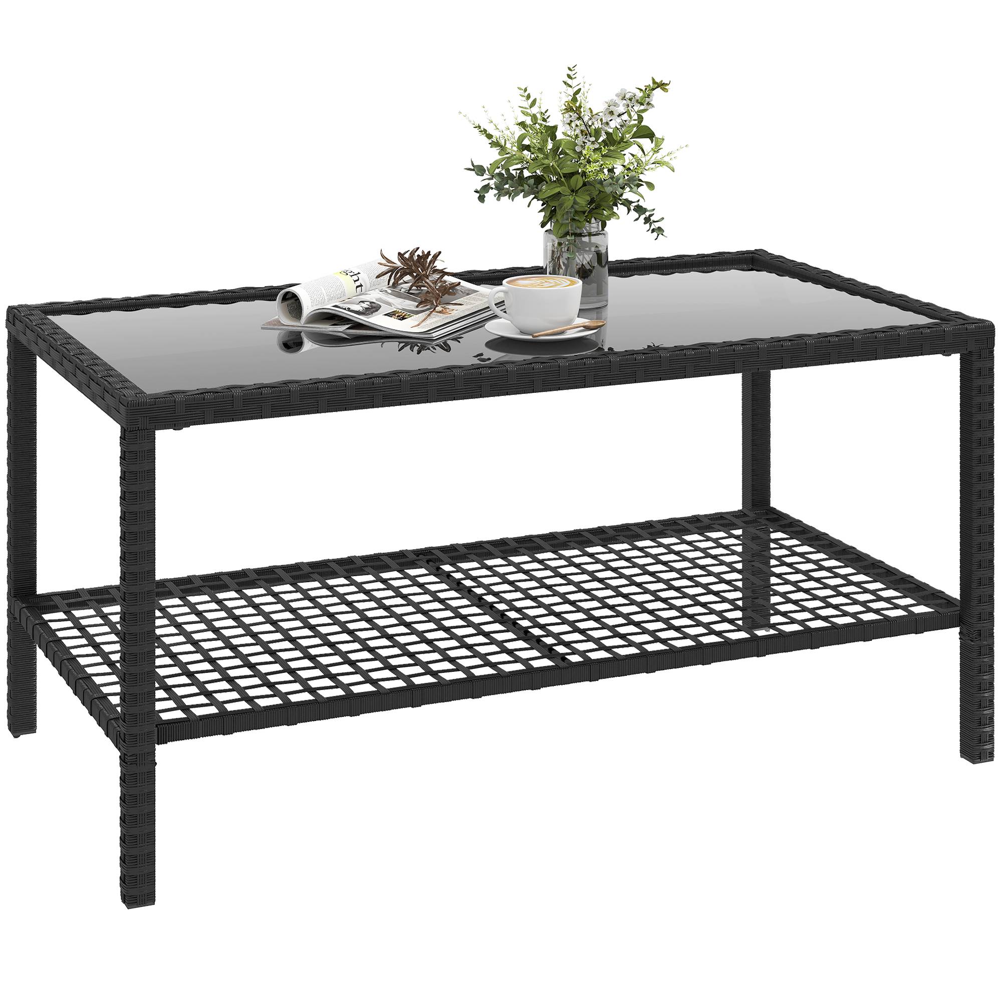 ComfortXL - Table Basse de Jardin 2 Niveaux Résine Tressée Terrasse Plateau Verre 92cm Noir - ComfortXL Outdoor Living - Image 1