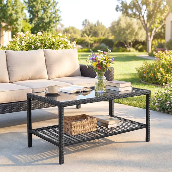ComfortXL - Table Basse de Jardin 2 Niveaux Résine Tressée Terrasse Plateau Verre 92cm Noir - ComfortXL Outdoor Living - Image 10