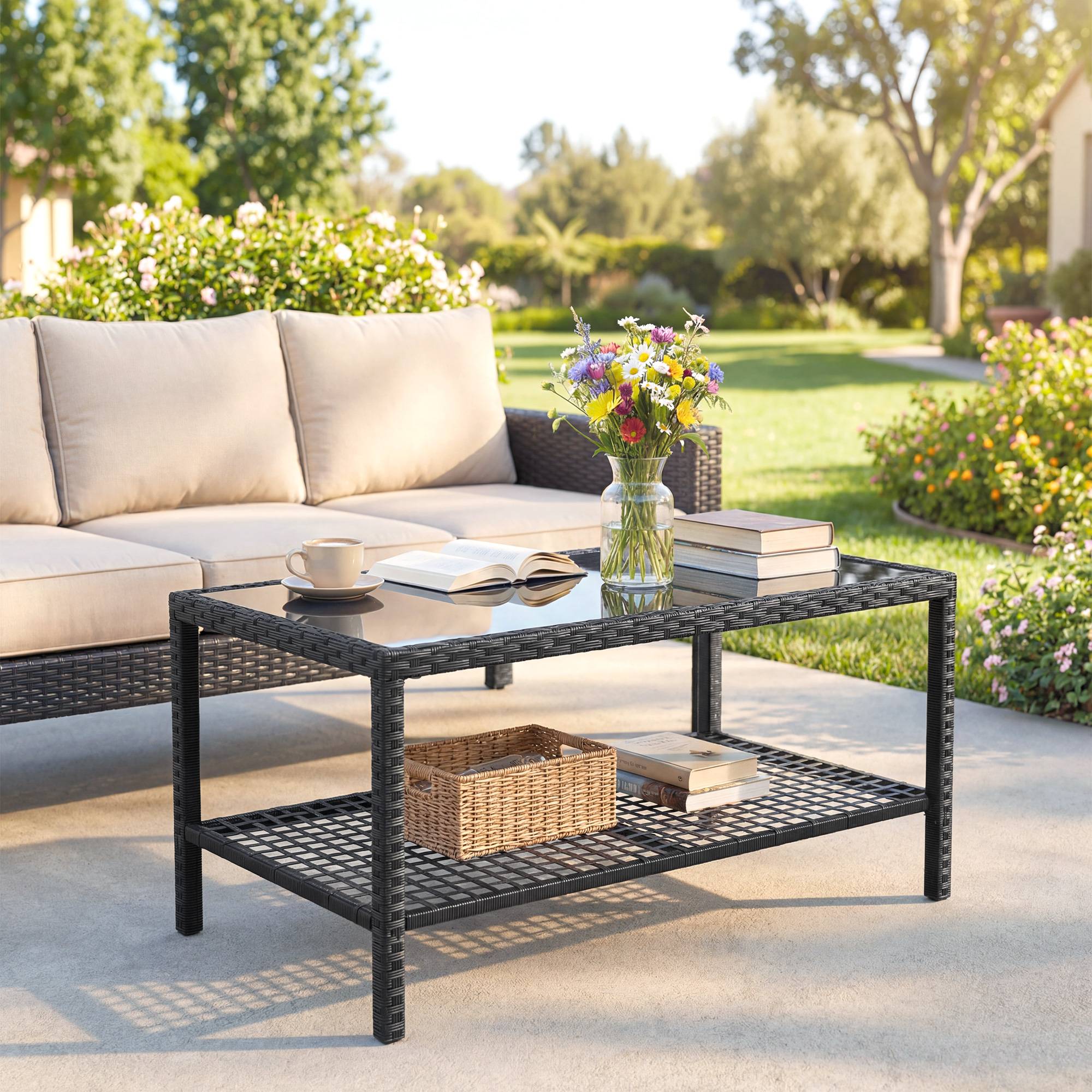ComfortXL - Table Basse de Jardin 2 Niveaux Résine Tressée Terrasse Plateau Verre 92cm Noir - ComfortXL Outdoor Living - Image 10