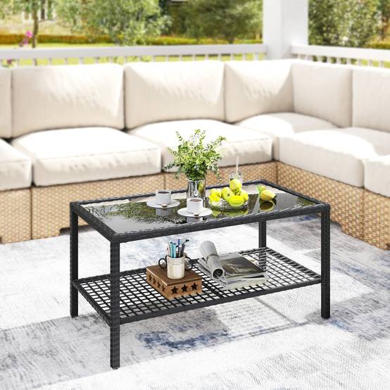 ComfortXL - Table Basse de Jardin 2 Niveaux Résine Tressée Terrasse Plateau Verre 92cm Noir - ComfortXL Outdoor Living - Image 3