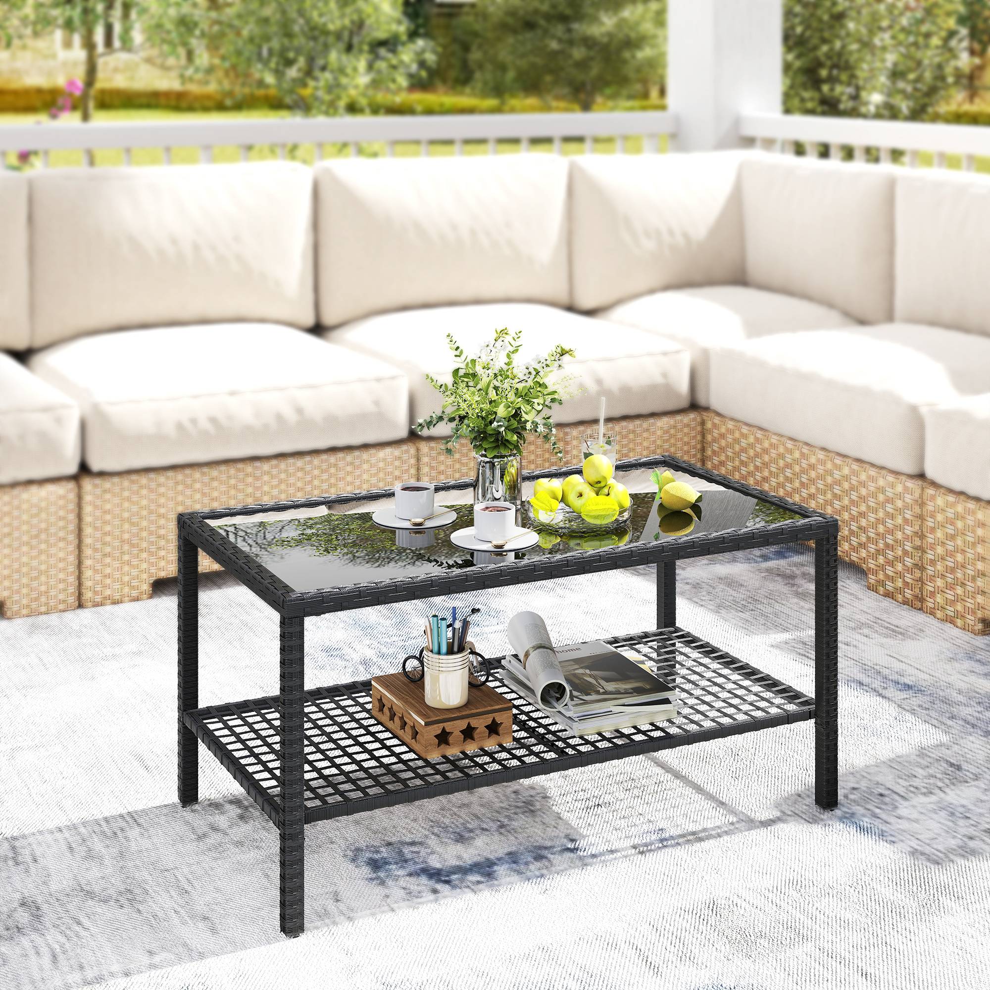 ComfortXL - Table Basse de Jardin 2 Niveaux Résine Tressée Terrasse Plateau Verre 92cm Noir - ComfortXL Outdoor Living - Image 3