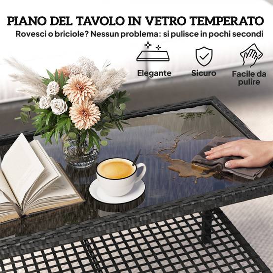 ComfortXL - Table Basse de Jardin 2 Niveaux Résine Tressée Terrasse Plateau Verre 92cm Noir - ComfortXL Outdoor Living - Image 8