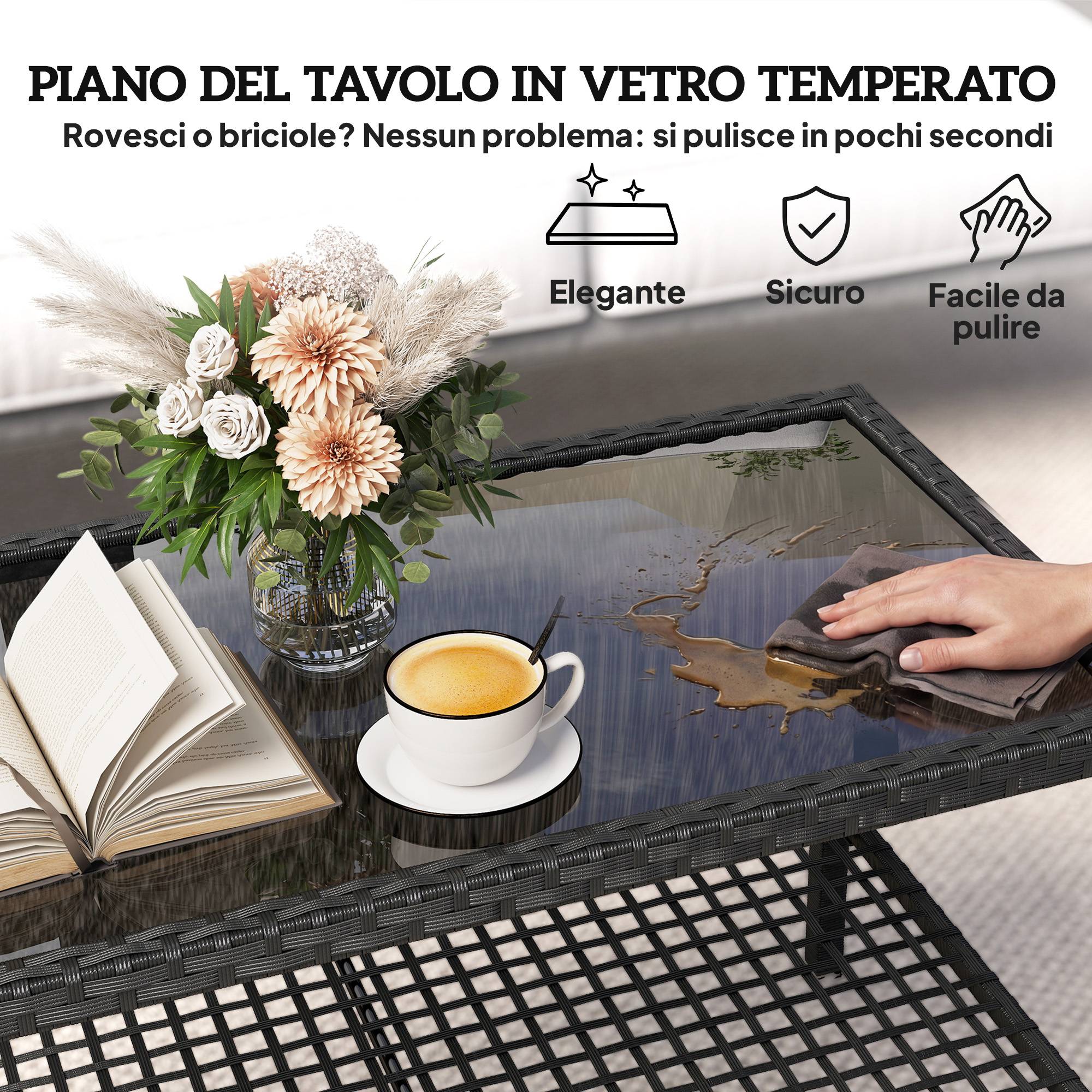 ComfortXL - Table Basse de Jardin 2 Niveaux Résine Tressée Terrasse Plateau Verre 92cm Noir - ComfortXL Outdoor Living - Image 8