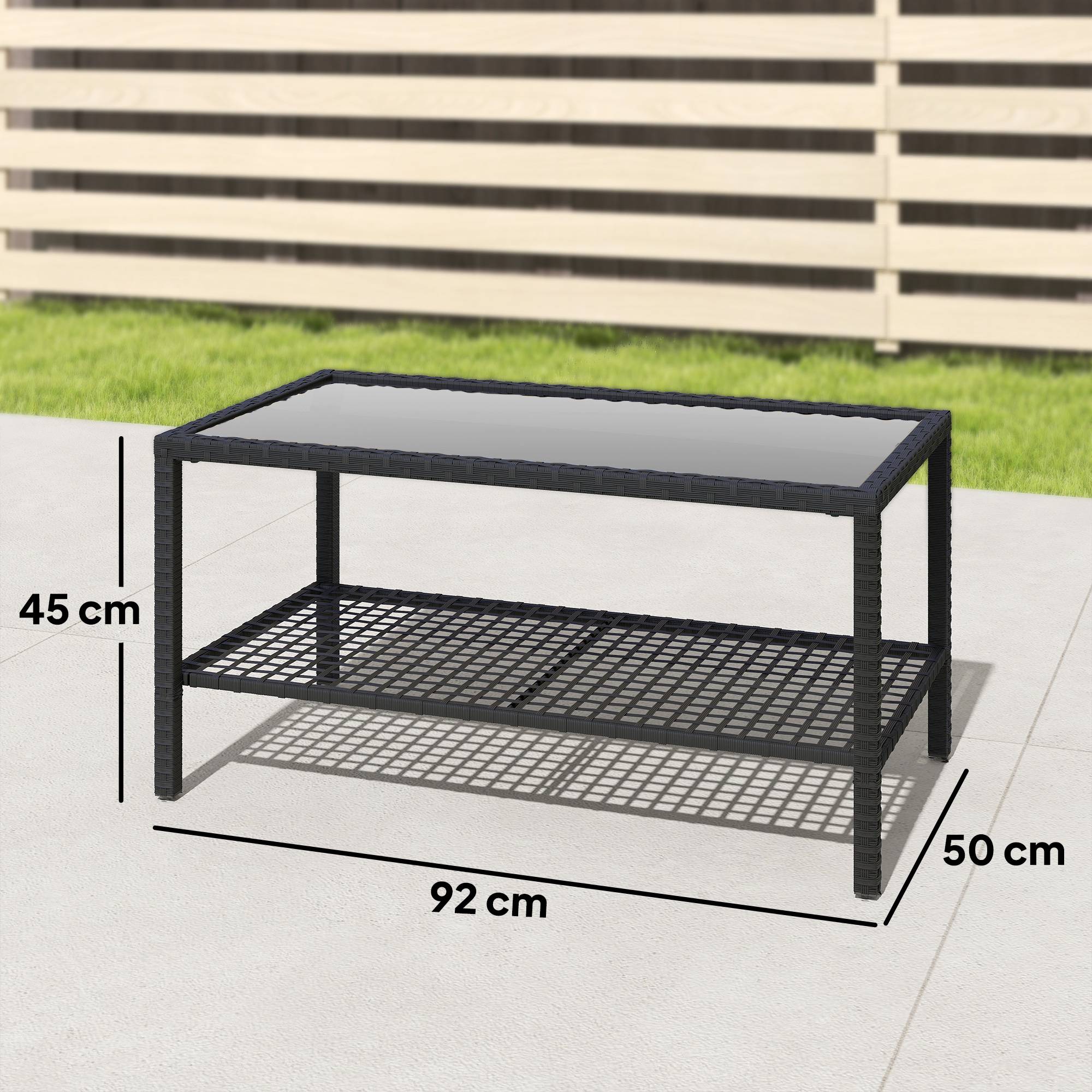 ComfortXL - Table Basse de Jardin 2 Niveaux Résine Tressée Terrasse Plateau Verre 92cm Noir - ComfortXL Outdoor Living - Image 5