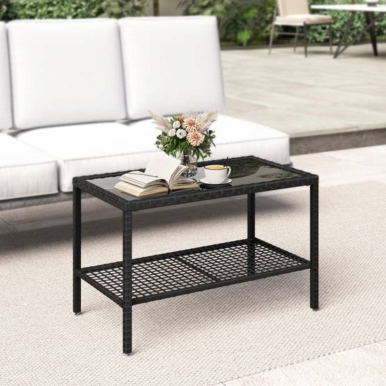 ComfortXL - Table Basse de Jardin 2 Niveaux Résine Tressée Terrasse Plateau Verre 92cm Noir - ComfortXL Outdoor Living - Image 4