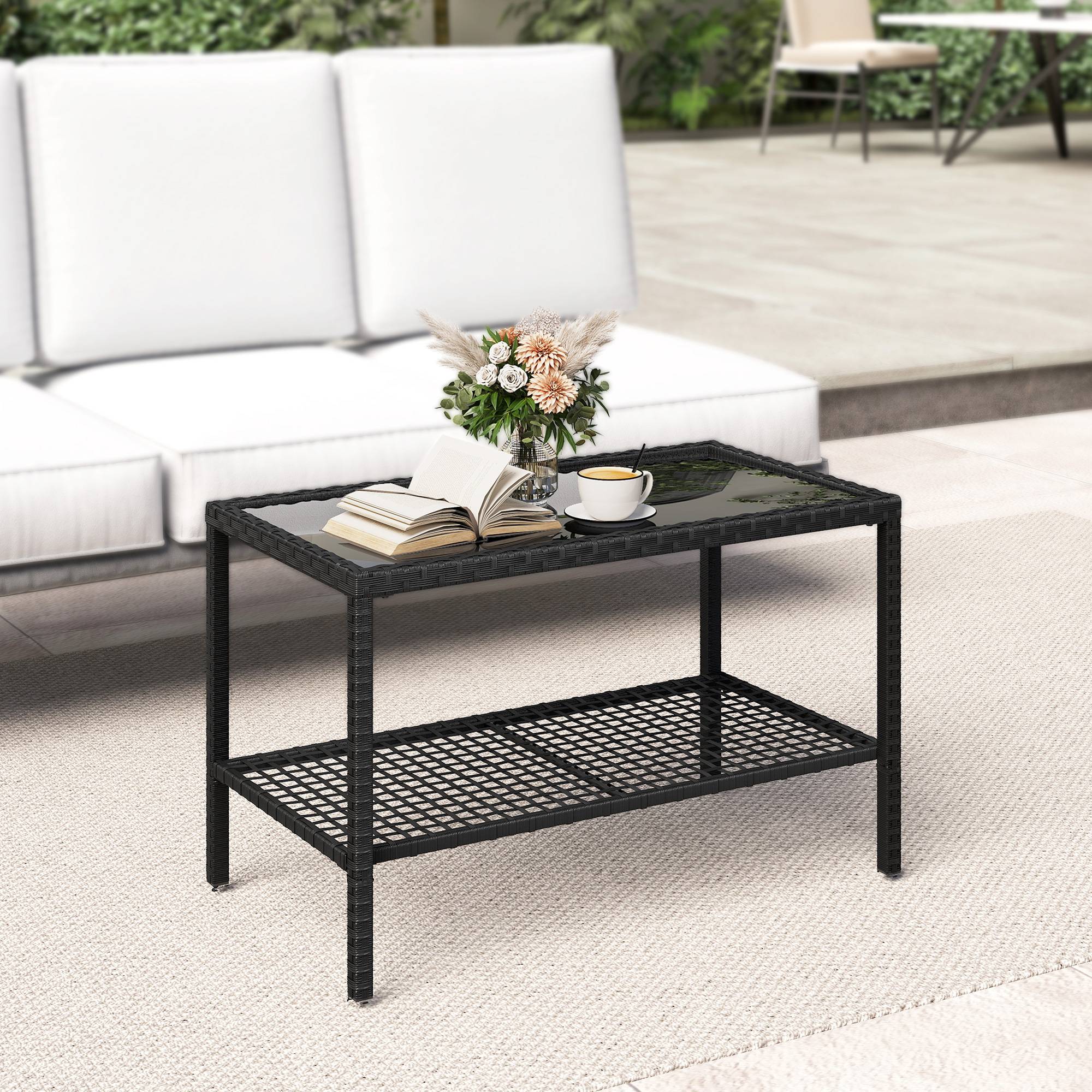 ComfortXL - Table Basse de Jardin 2 Niveaux Résine Tressée Terrasse Plateau Verre 92cm Noir - ComfortXL Outdoor Living - Image 4
