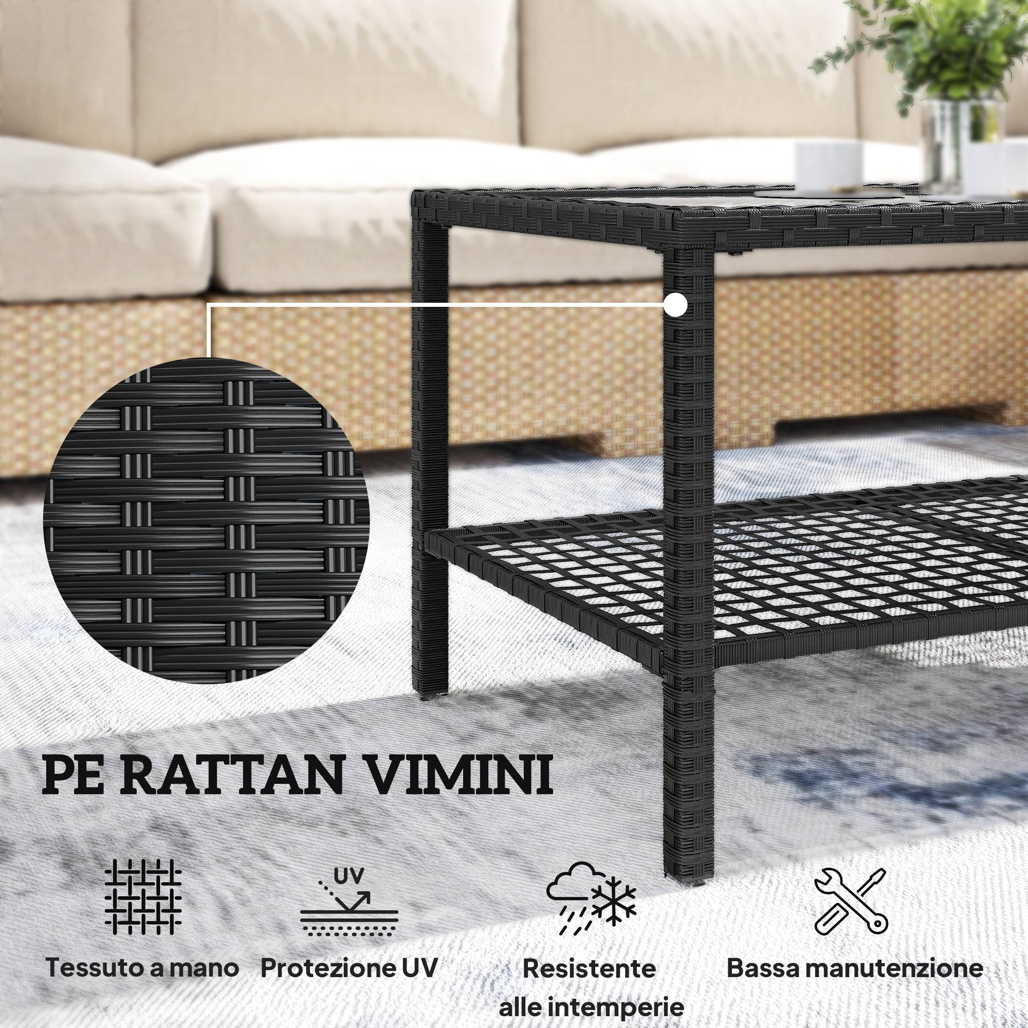 ComfortXL - Table Basse de Jardin 2 Niveaux Résine Tressée Terrasse Plateau Verre 92cm Noir - ComfortXL Outdoor Living - Image 7