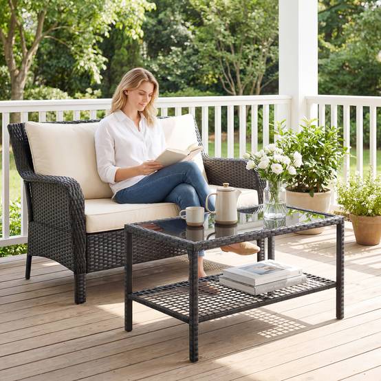 ComfortXL - Table Basse de Jardin 2 Niveaux Résine Tressée Terrasse Plateau Verre 92cm Noir - ComfortXL Outdoor Living - Image 9