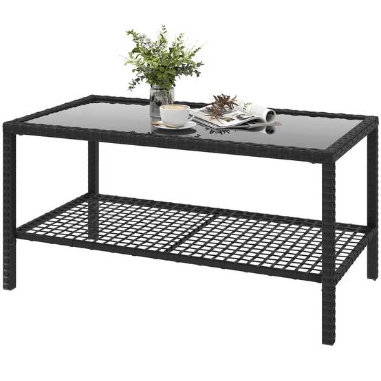ComfortXL - Table Basse de Jardin 2 Niveaux Résine Tressée Terrasse Plateau Verre 92cm Noir - ComfortXL Outdoor Living - Image 2
