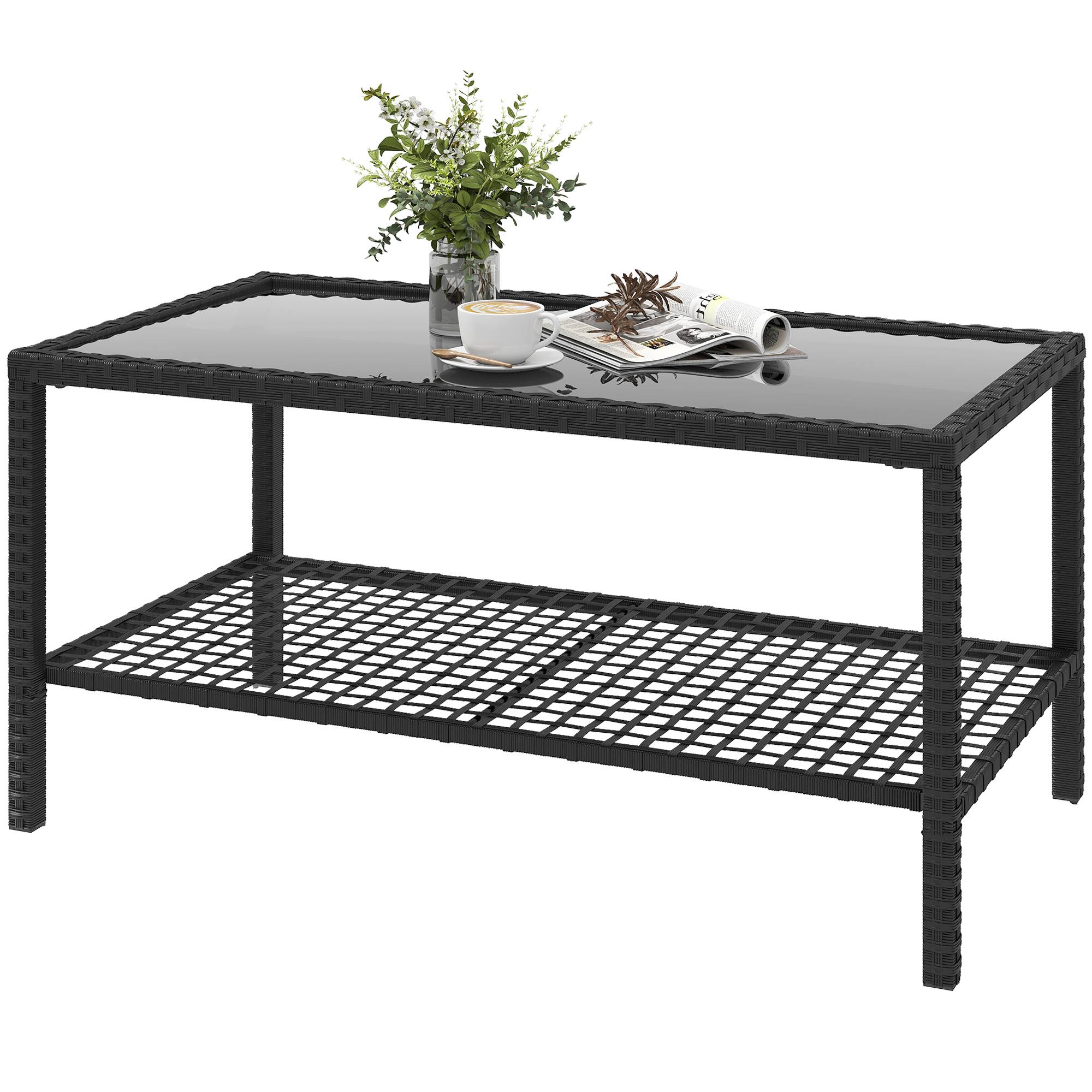 ComfortXL - Table Basse de Jardin 2 Niveaux Résine Tressée Terrasse Plateau Verre 92cm Noir - ComfortXL Outdoor Living - Image 2