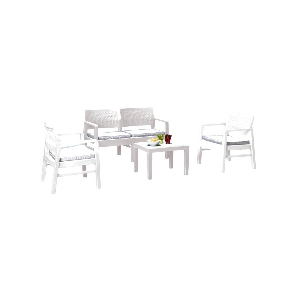 Salon de jardin 4 pièces Canapé 2 places + 2 fauteuils + Table basse Résine Blanche - Image 3