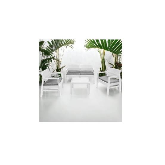 Salon de jardin 4 pièces Canapé 2 places + 2 fauteuils + Table basse Résine Blanche - Image 2